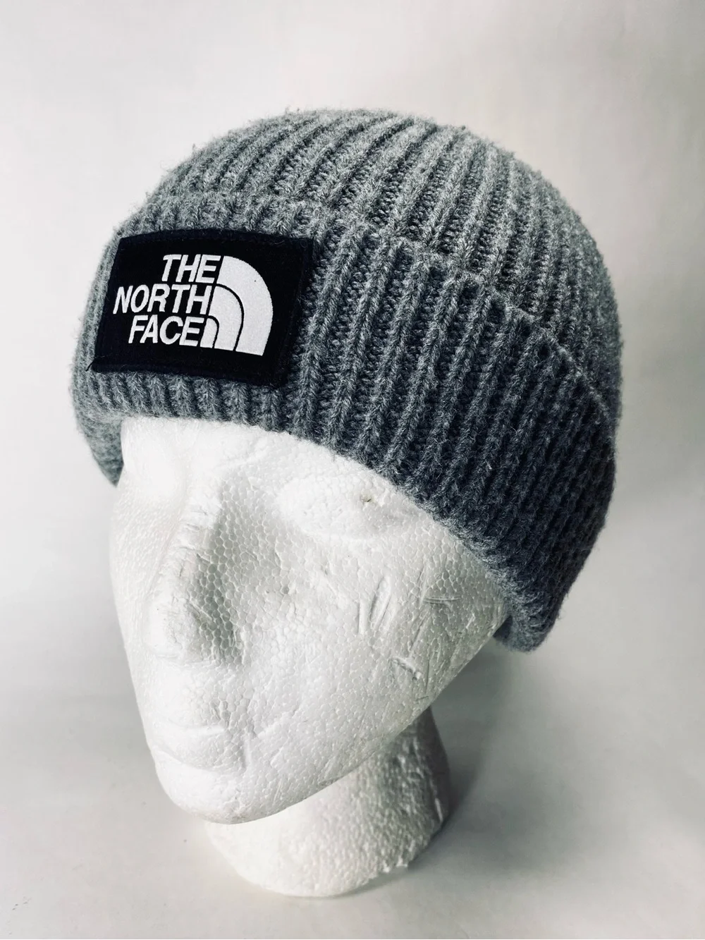 The North Face Charcoal Ribbed Knit Beanie with Logo Patch - Unisex